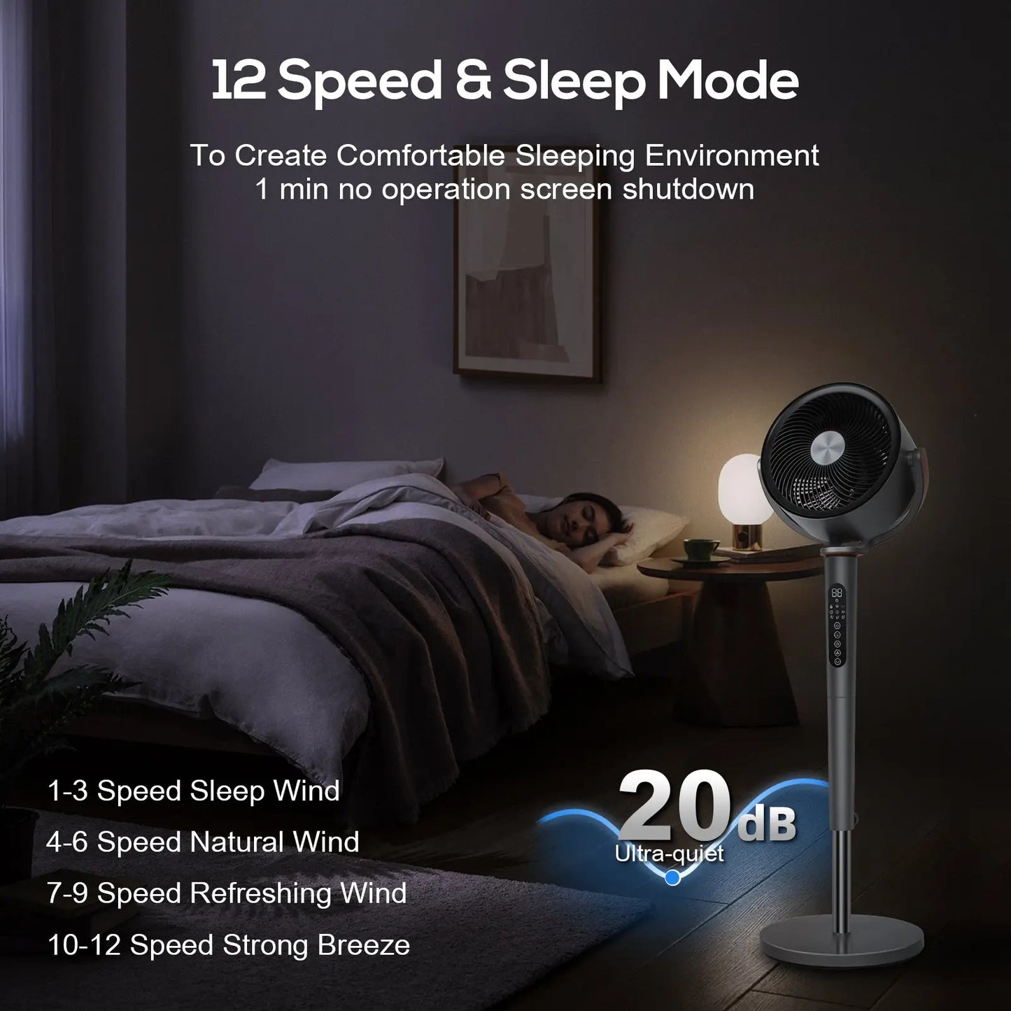 Sunspire Large Fan for Bedroom, 120° Oscillating Standing Fan, 85Ft Air Circulator with Remote, DC Motor Quiet Floor Fans, Adjustable Height, 12 Speeds, 5 Modes, 12H Timer