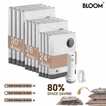 BLOOM LL [2026 Upgraded Edition] — 9/12/15/27-Piece Leak-Proof Vacuum Travel Storage Bag Set. Includes Rechargeable Cordless Electric Air Pump. Ideal for Clothing, Bedding, Luggage, Suitcases, and Moving Storage. Summerwins
