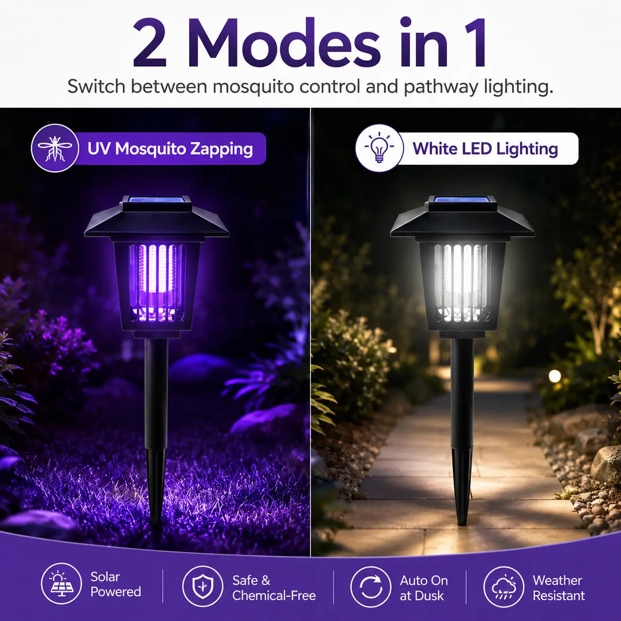 Solar Mosquito Zapper Light – Outdoor Garden Stake Lamp, UV Insect Killer, Solar Powered, Dual Mode (Mosquito Control + Pathway Lighting), Weather Resistant, Easy Setup, Small & Large round + Square Options