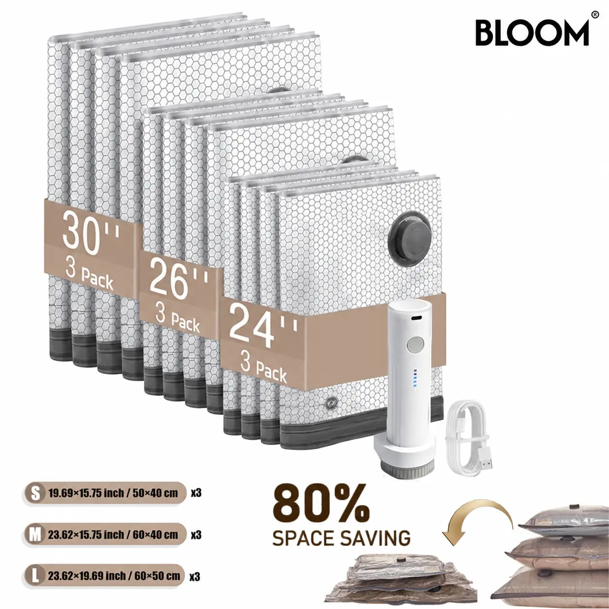 BLOOM LL [2026 Upgraded Edition] — 9/12/15/27-Piece Leak-Proof Vacuum Travel Storage Bag Set. Includes Rechargeable Cordless Electric Air Pump. Ideal for Clothing, Bedding, Luggage, Suitcases, and Moving Storage. Summerwins