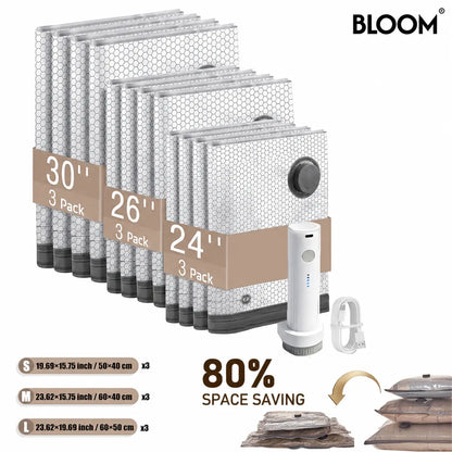 BLOOM LL [2026 Upgraded Edition] — 9/12/15/27-Piece Leak-Proof Vacuum Travel Storage Bag Set. Includes Rechargeable Cordless Electric Air Pump. Ideal for Clothing, Bedding, Luggage, Suitcases, and Moving Storage. Summerwins