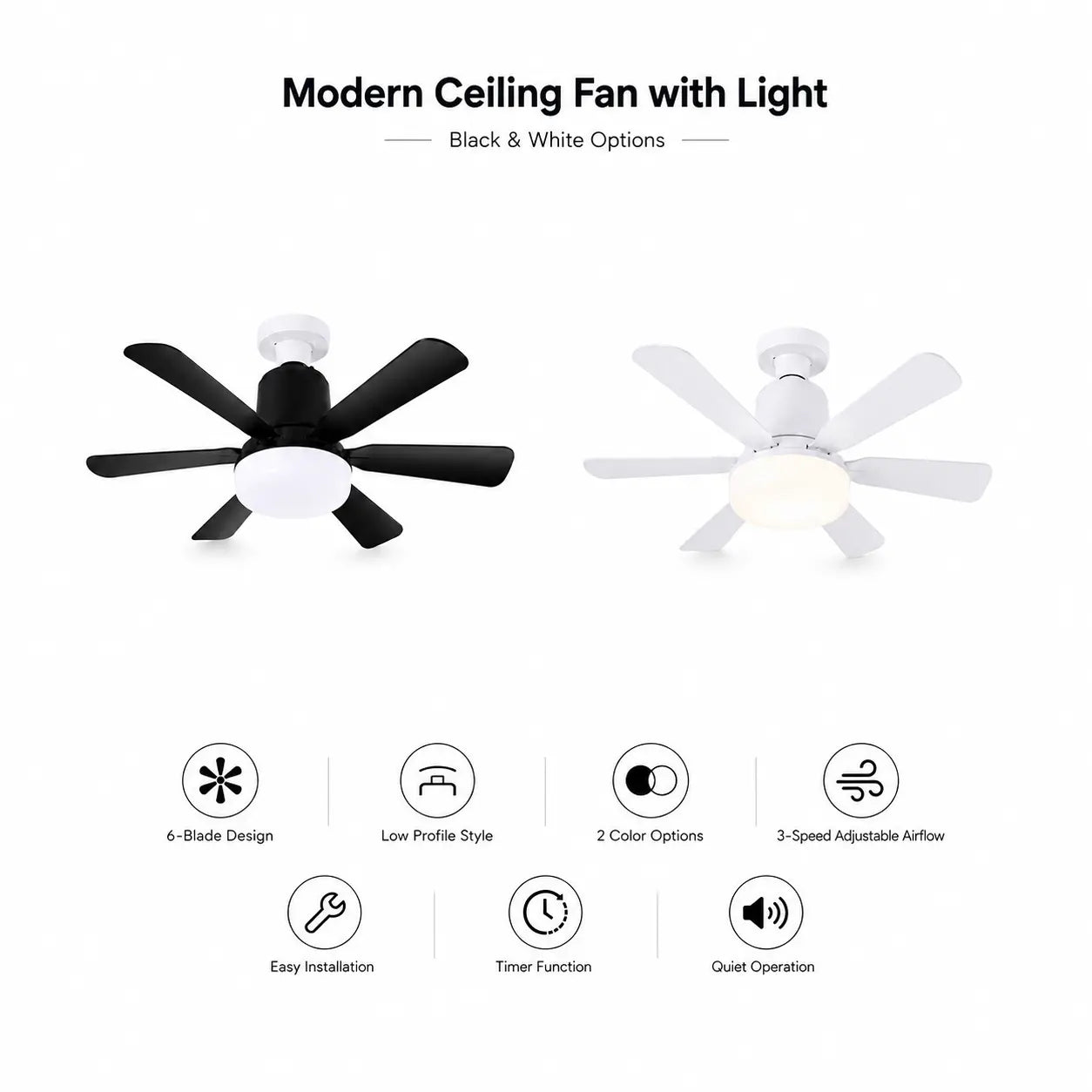Modern Ceiling Fan with Light, 6-Blade Low Profile Fan Light, Can Adjust 3 Speeds, Can Set Timer, Easy to Install, Black and White Options for Bedroom Kitchen Dimmable