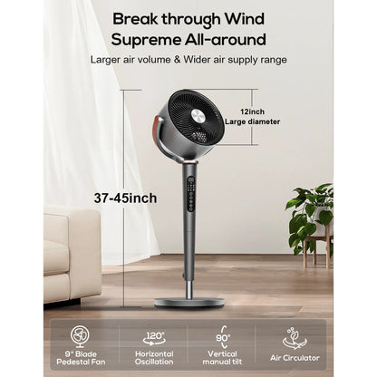 Sunspire Large Fan for Bedroom, 120° Oscillating Standing Fan, 85Ft Air Circulator with Remote, DC Motor Quiet Floor Fans, Adjustable Height, 12 Speeds, 5 Modes, 12H Timer