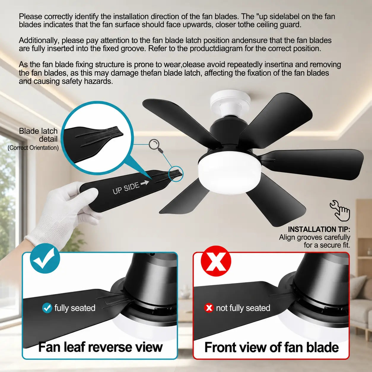 Modern Ceiling Fan with Light, 6-Blade Low Profile Fan Light, Can Adjust 3 Speeds, Can Set Timer, Easy to Install, Black and White Options for Bedroom Kitchen Dimmable
