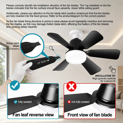 Modern Ceiling Fan with Light, 6-Blade Low Profile Fan Light, Can Adjust 3 Speeds, Can Set Timer, Easy to Install, Black and White Options for Bedroom Kitchen Dimmable