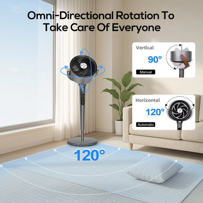 Sunspire Large Fan for Bedroom, 120° Oscillating Standing Fan, 85Ft Air Circulator with Remote, DC Motor Quiet Floor Fans, Adjustable Height, 12 Speeds, 5 Modes, 12H Timer