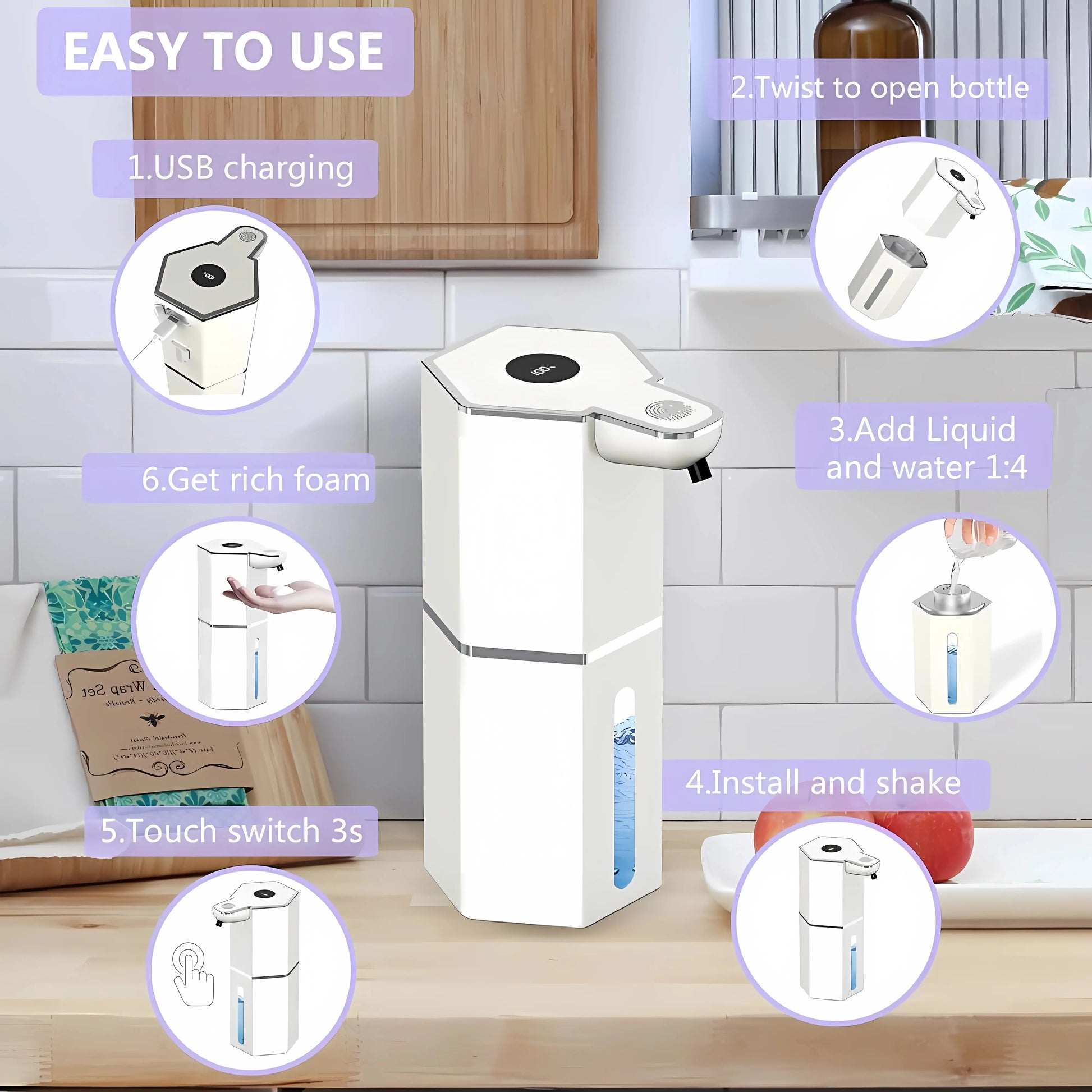 Automatic Foaming Soap Dispenser Touchless 12Oz USB Rechargeable with 4 Adjustable Levels Waterproof Soap Dispenser for Kitchen Bathroom Home Essentials Wall Mounted Use